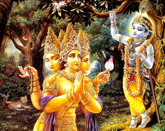 Lord Brahma verehrt Lord Krishna
